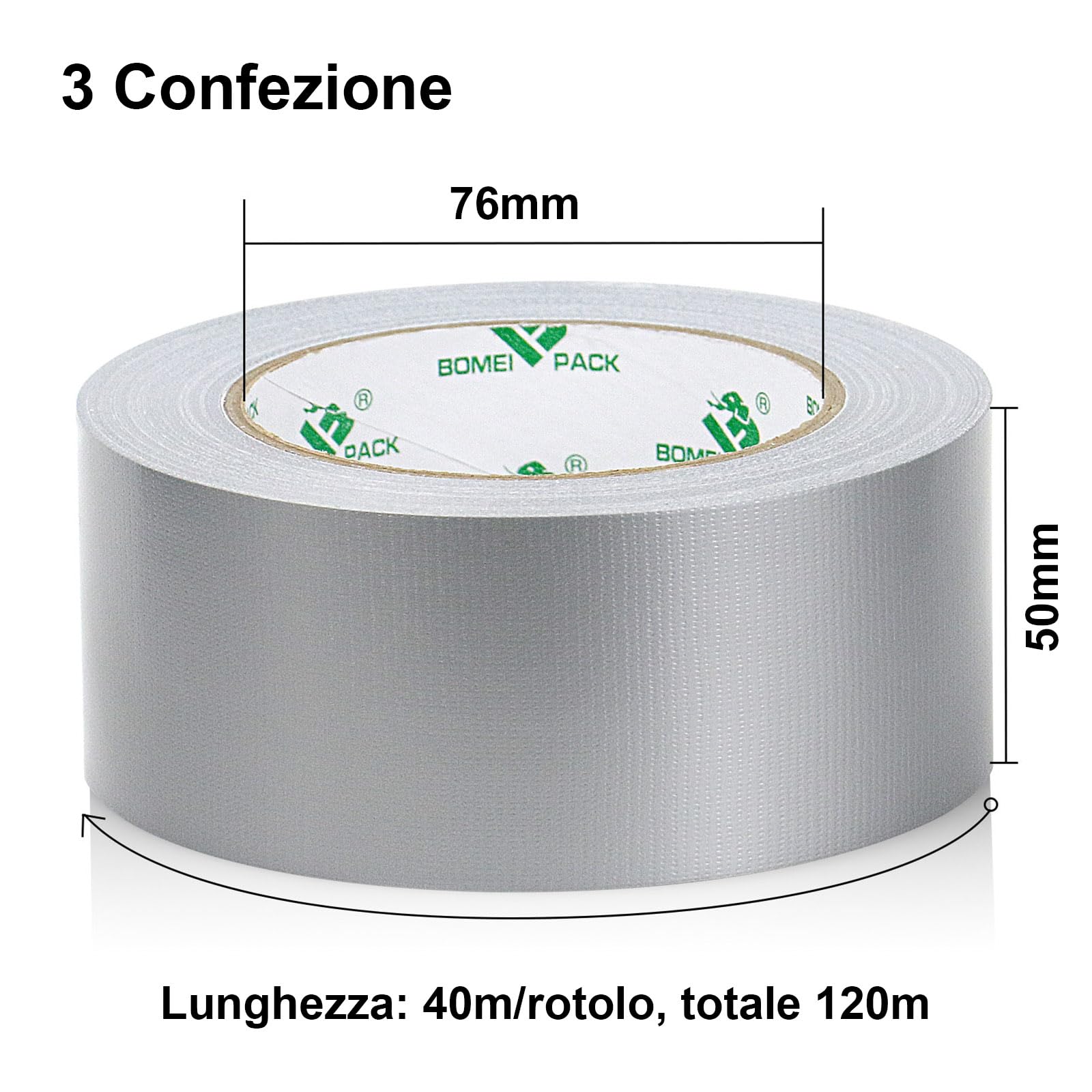 BOMEI PACK Nastro Adesivo Extra Forte, Nastro Telato Nero, Duct Tape 3 Rotoli 50 mm x 40 m per Lavori di Riparazione, Fissaggio, Sigillatura, Etichettatura e Ristrutturazione (GRIGIO)