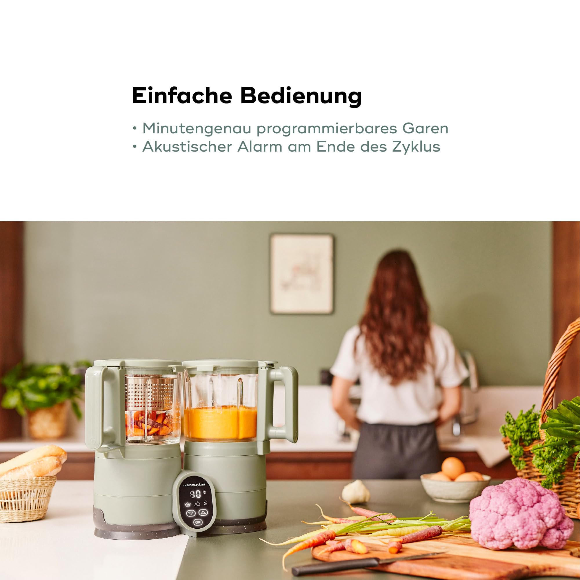 Babymoov Nutribaby Glass Green Celadon 4-in-1 Babynahrungszubereiter aus Glas und Edelstahl, 1900 ml Dampfgaren Mixen Aufwärmen Erwärmen