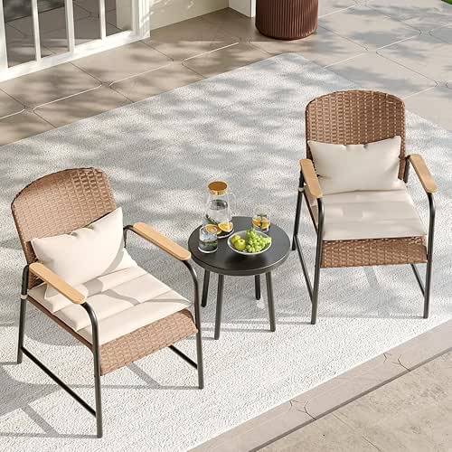 JOYURE 3 Pieces Outdoor Patio Furniture Set,All-Weather Wicker Rattan Bistro