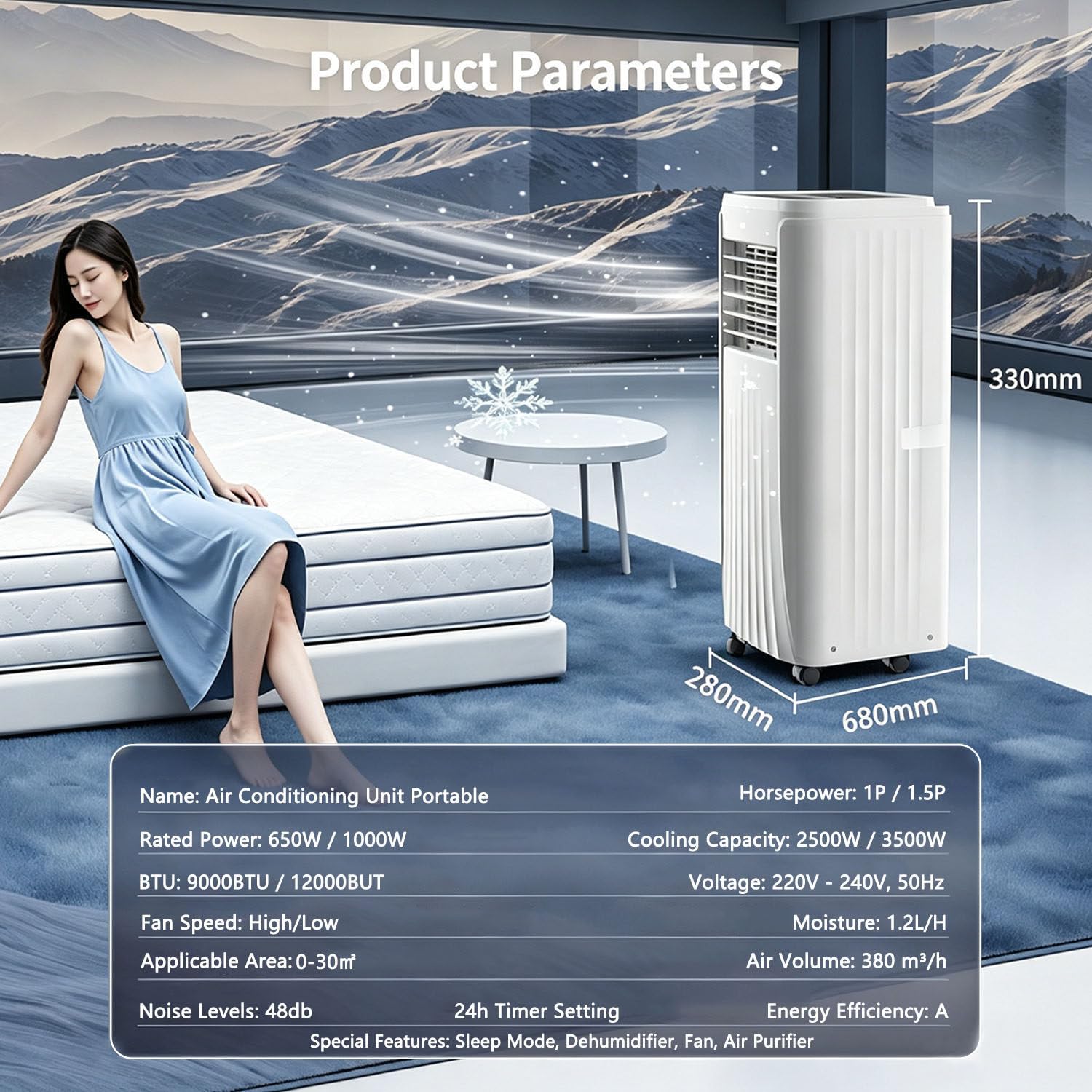 Condizionatore d'aria portatile, potente unità AC da 12000 BTU, unità AC da pavimento ad alte prestazioni, raffredda fino a 30 m², condizionatore d'aria portatile per soggiorno, sala e-sport 9000BTU