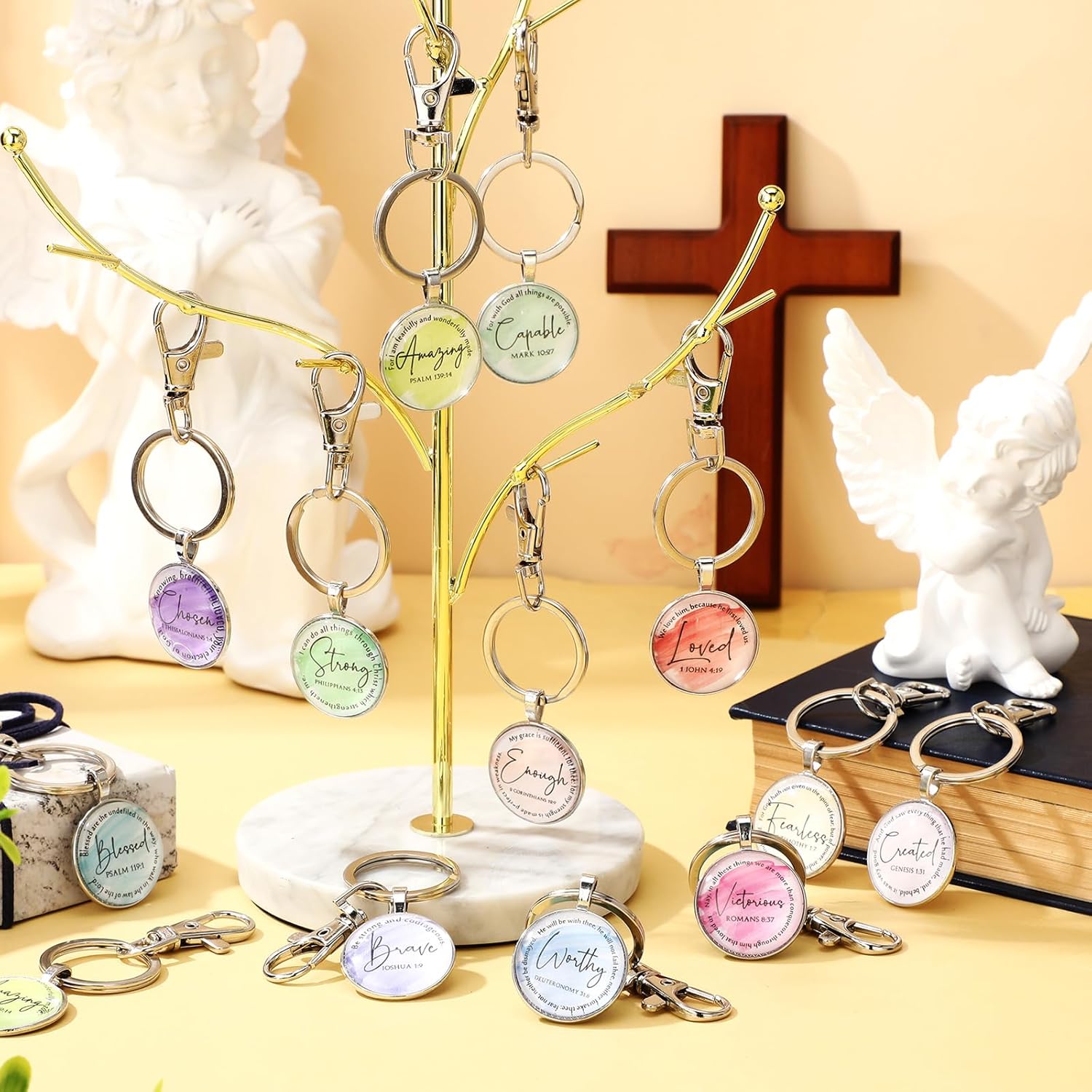 24 Pcs Christian Keychains Mini Bible Keychains with Verse Church Religious Keychain Gifts for Easter Party Favors (Watercolor) - Image 5