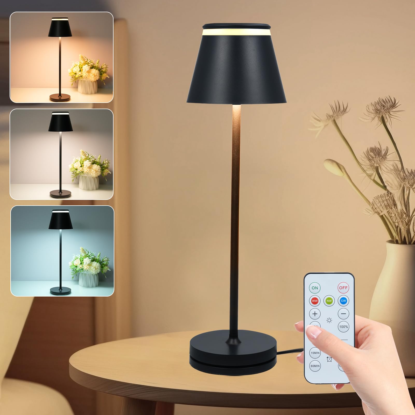Neoglint Lámpara de Mesa LED Inalámbricas Recargables, Lámpara de Mesita de Noche con Base de Carga Inalámbrica y Control Remoto, con Temporizador