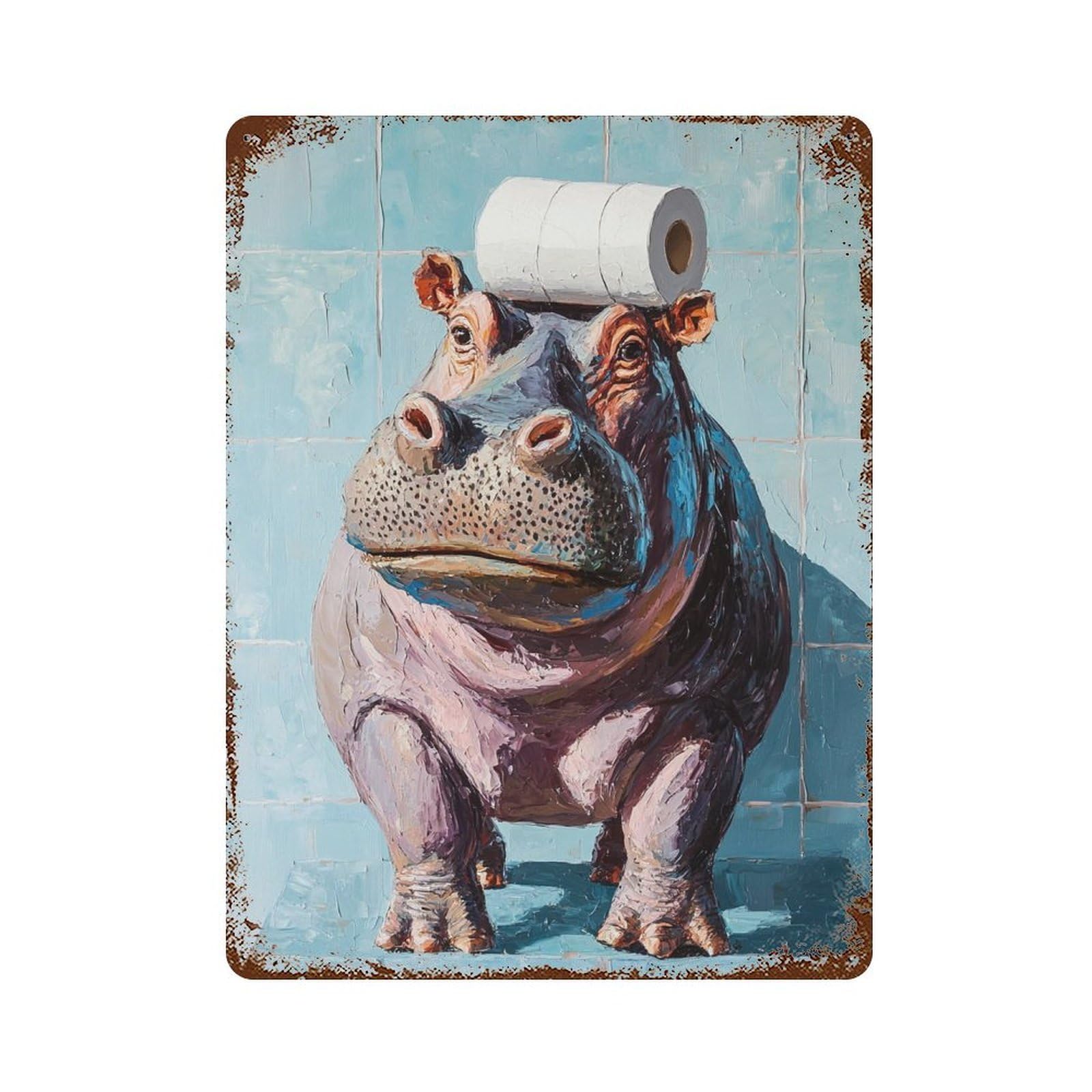Hippopotamus with Toilet Paper Roll 15.7"x11.8" Aged Metal Wall Plaque, Retro Wall Decor for Farmhouse, Kitchen And Entryway Decor