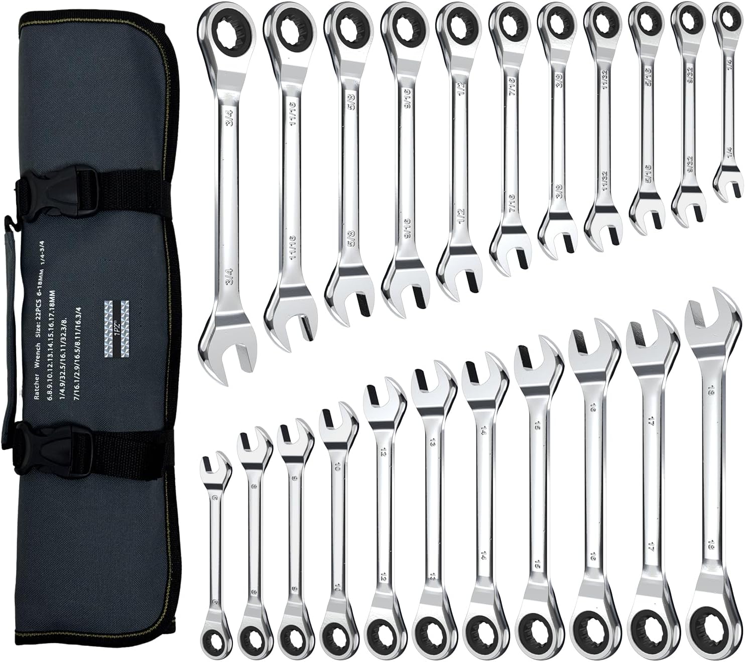 1PZ VHI-2KR 22-Piece Ratcheting Wrench Set, SAE and Metric Combination Wrench Set, 6-18mm and 1/4" to 3/4", CR-V Socket Mechanic Hand Tools Sets with Roll Up Pouch