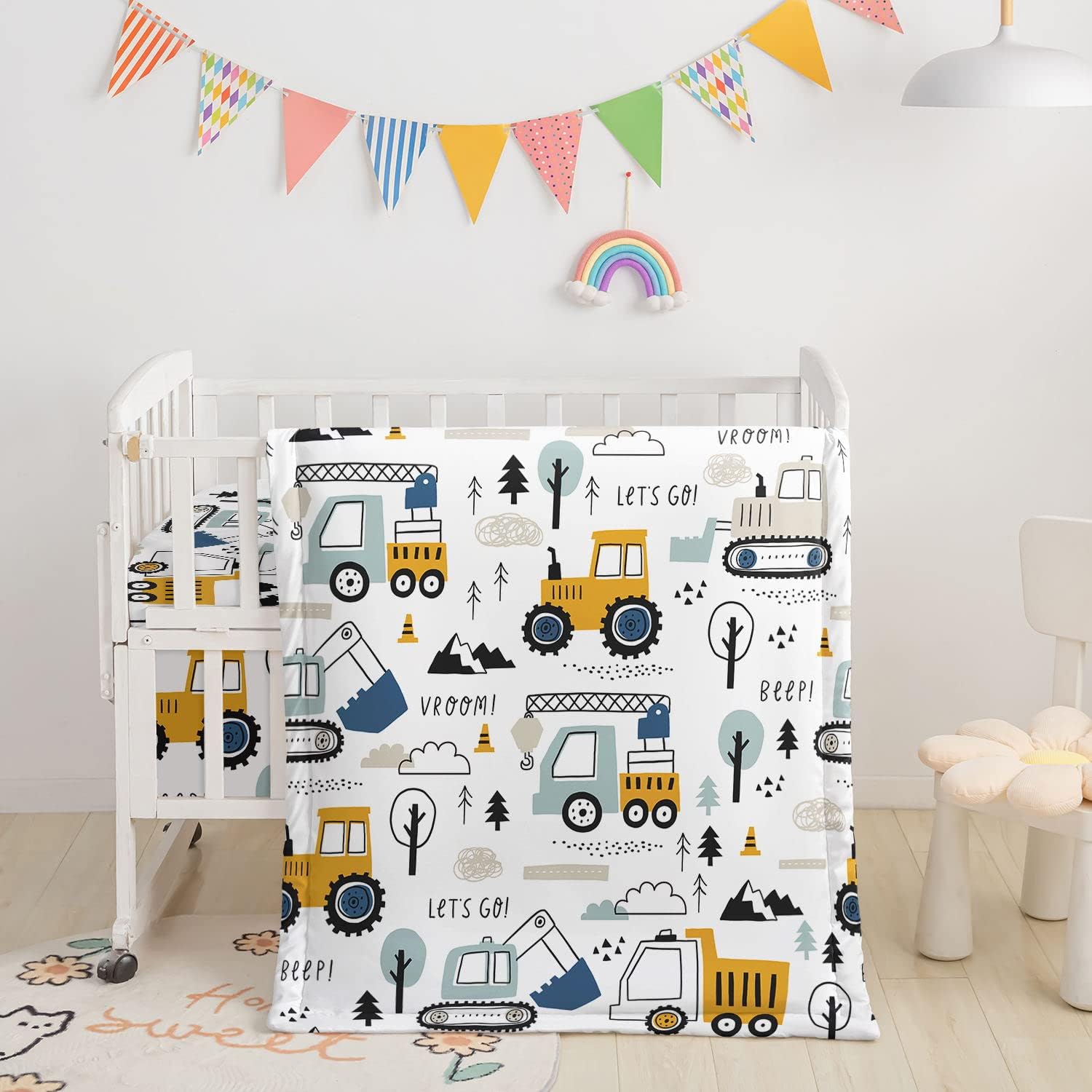 Crib Bedding Set,3pcs Nursery Crib Bedding with Comforter Crib Sheet & Crib Skirt,Watercolor Butterfly Printed Nursery Bedding for Baby Boys and Girls(Truck)