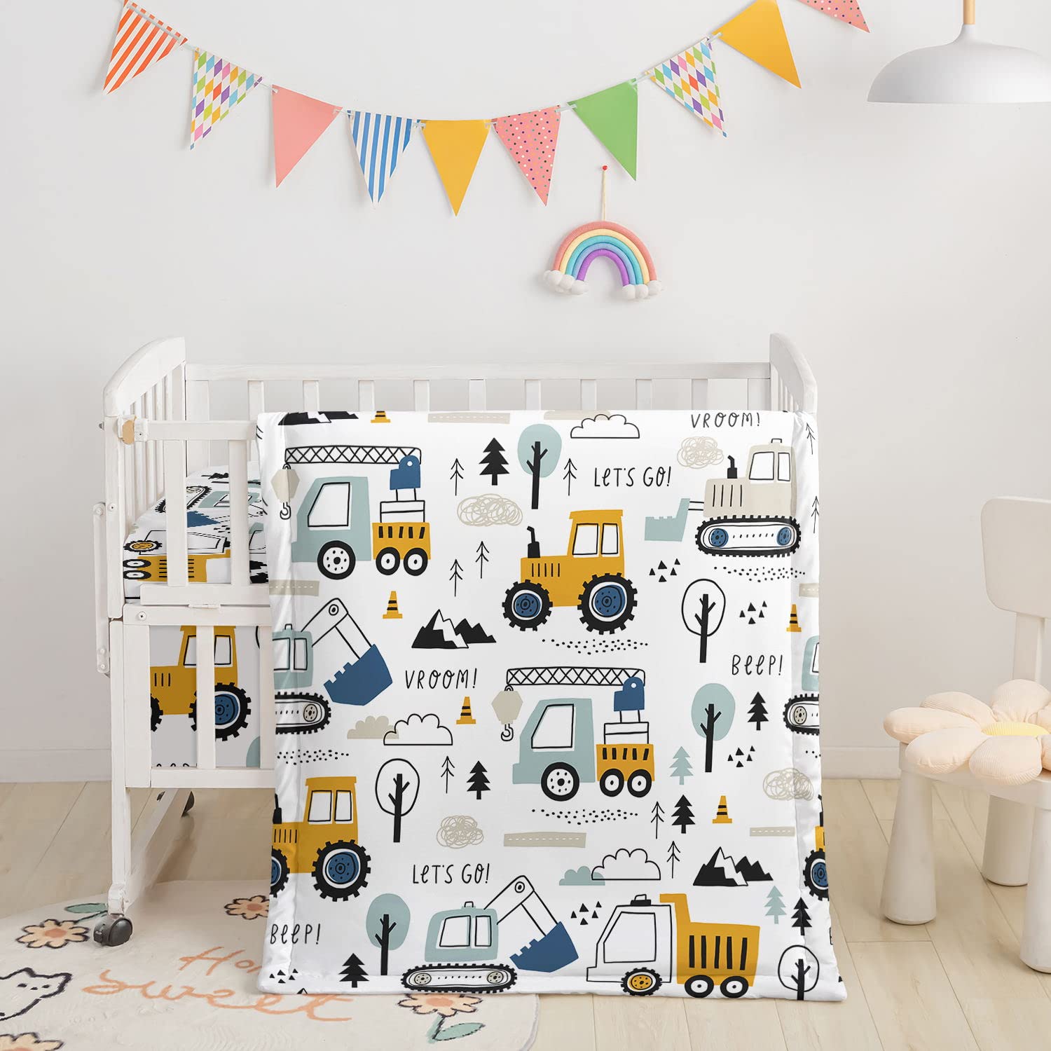 Datura home Crib Bedding Set,3pcs Nursery Crib Bedding with Comforter Crib Sheet & Crib Skirt,Watercolor Butterfly Printed Nursery Bedding for Baby Boys and Girls(Truck)