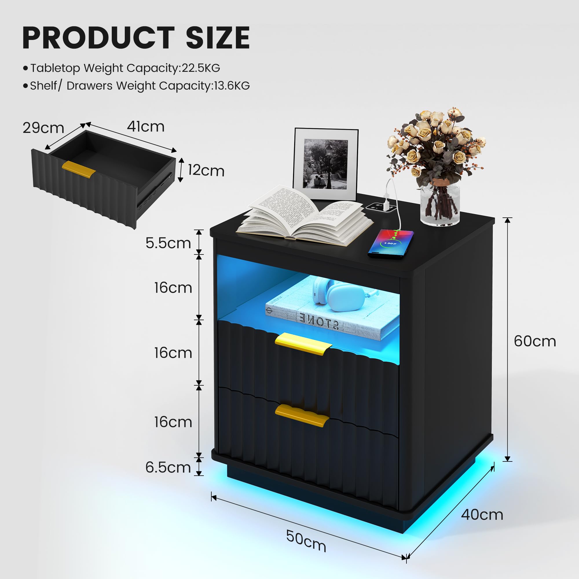 Vlsrka Led-nachtkastje, set van 2 met oplaadfunctie, nachtkastjes met USB & Type-C-aansluitingen, modern nachtkastje met 2 laden, nachtkastje met 24 kleuren licht, nachtkastjes slaapkamer, zwart