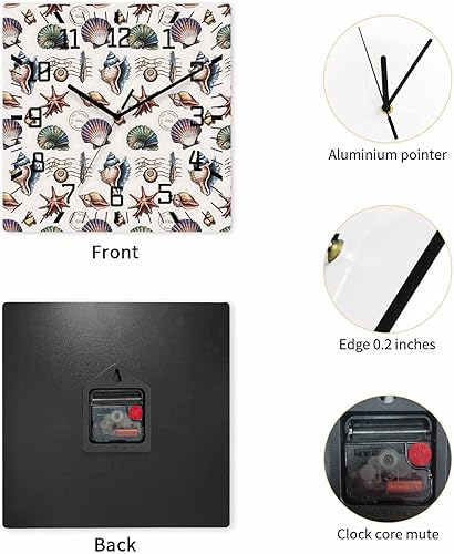 Miniatura 4 de Debedcor Ocean Beach Wooden Wall Clock Silent Non Ticking, Starfish Seashell Conch Black and White Square Wall Clock Battery Operated, Decor Clock