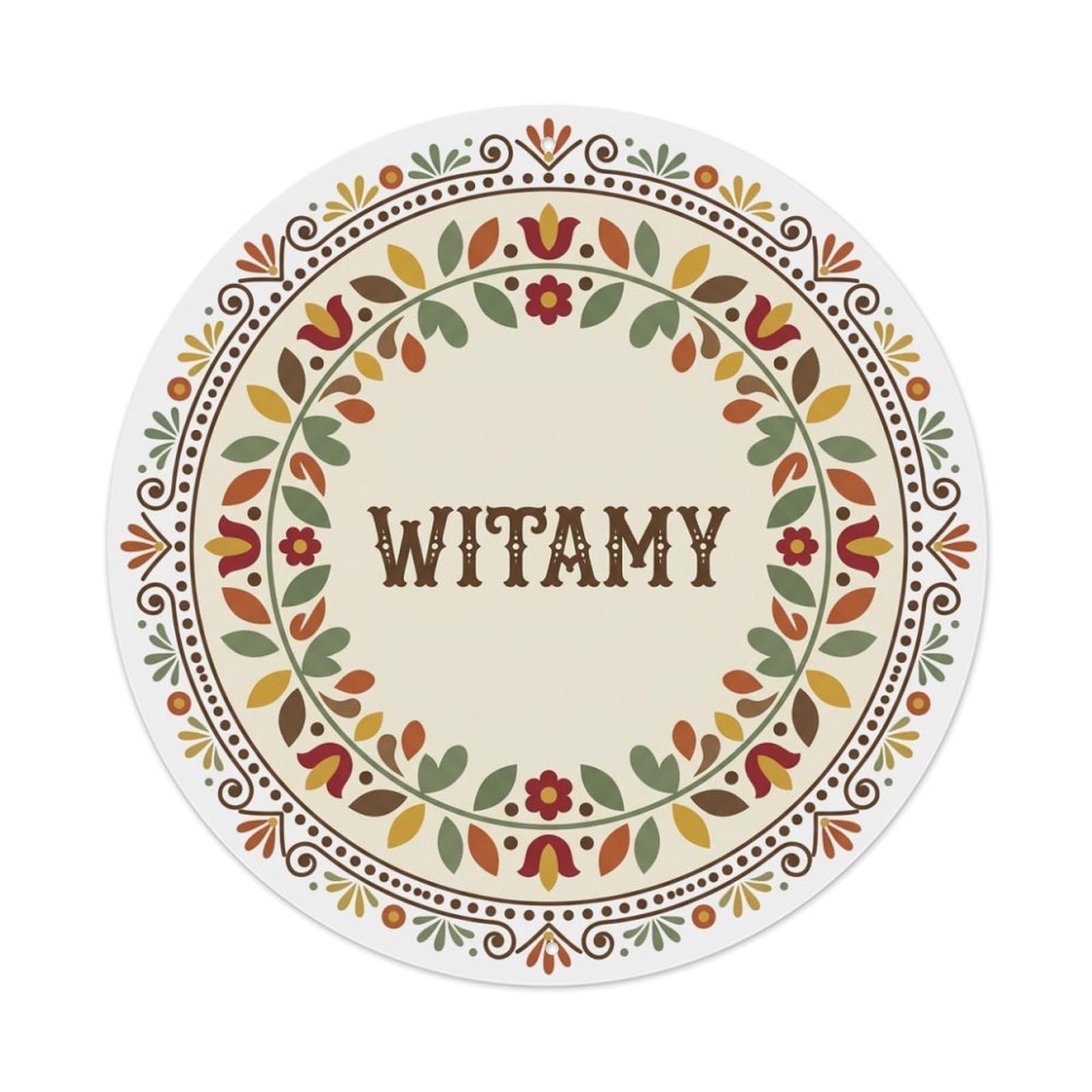 Fyrn Style Metal Tin Sign Vintage Polish Folk Art Witamy Welcome Leaf Wreath