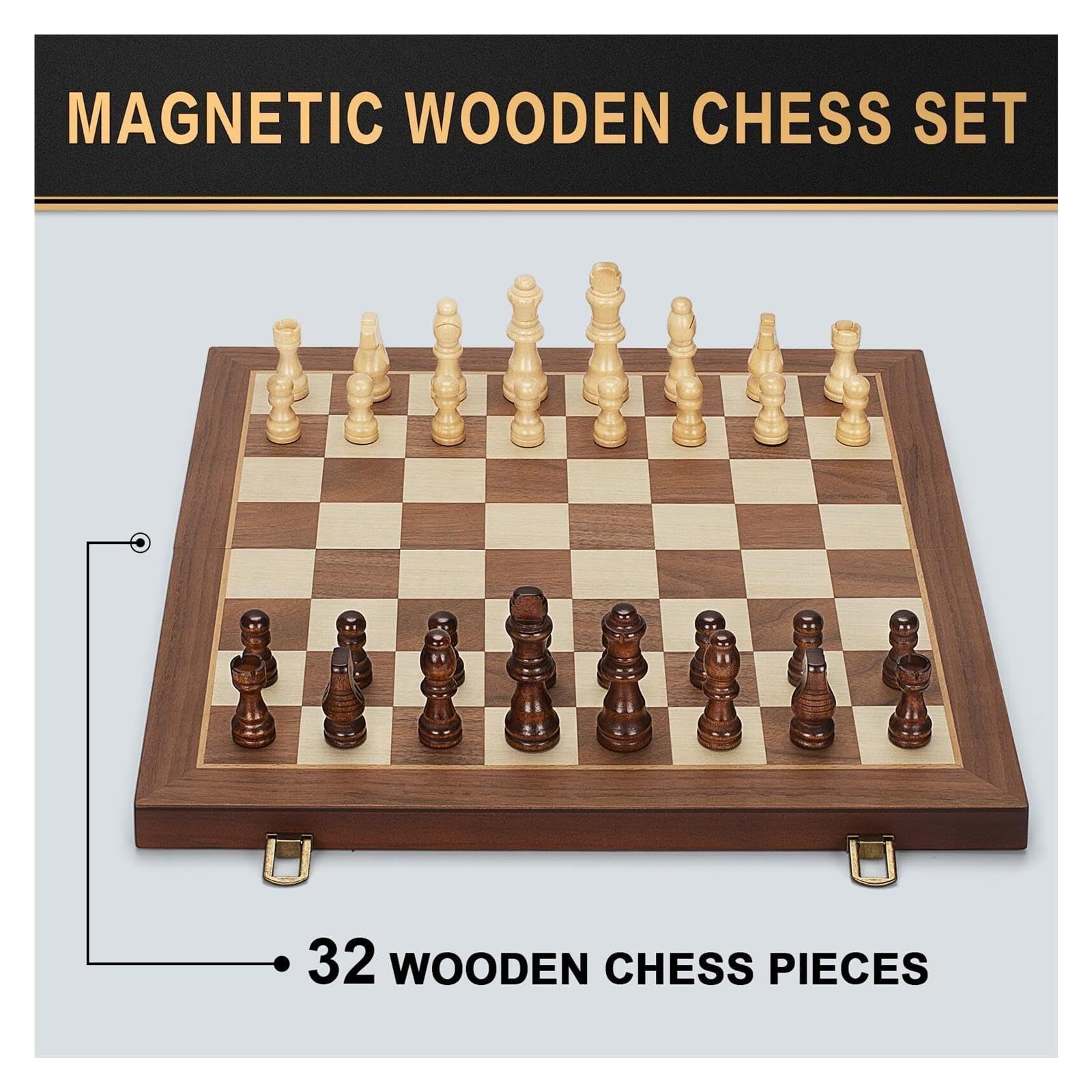 Set di scacchi magnetici in legno con 2 regine extra | Set di scacchi da viaggio portatile con slot for riporre i pezzi, gioco da tavolo for principianti