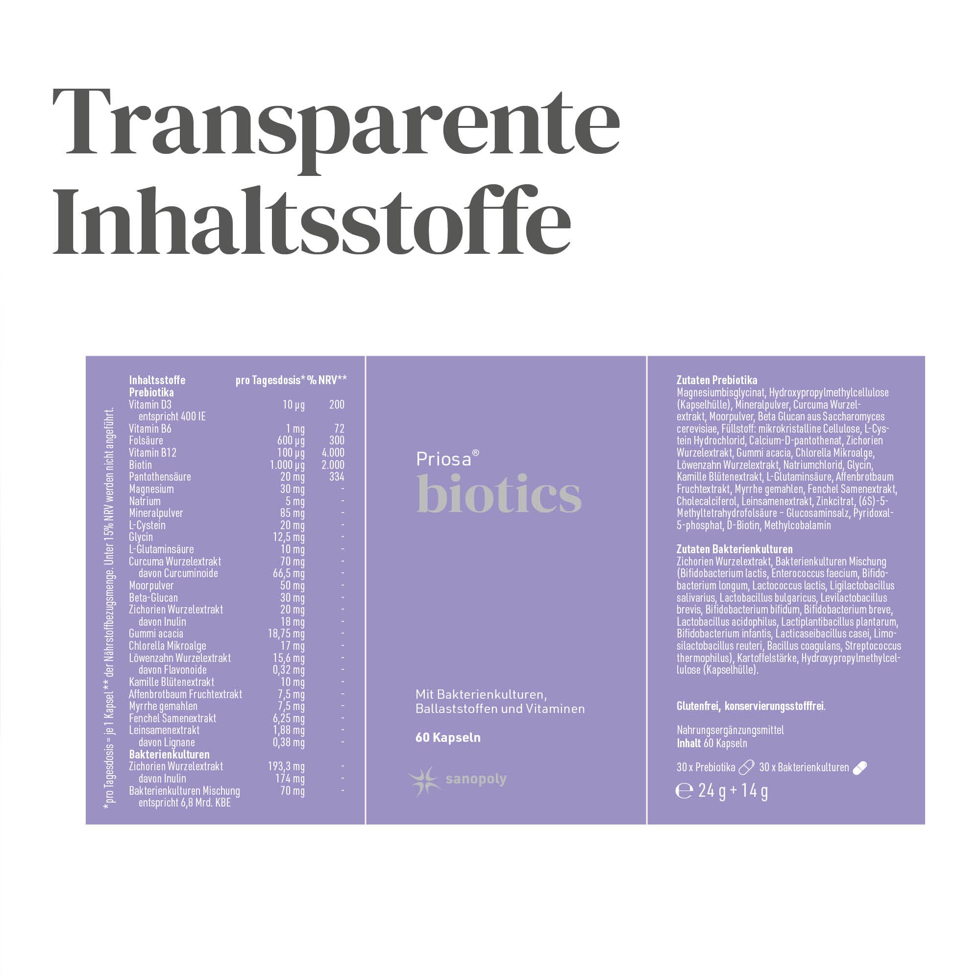 Priosa biotics 60 Kapseln I Mit Bakterienkulturen, Ballaststoffen und Vitaminen I Inulin aus Zichorie I 16 Bakterienstämme I Glutenfrei