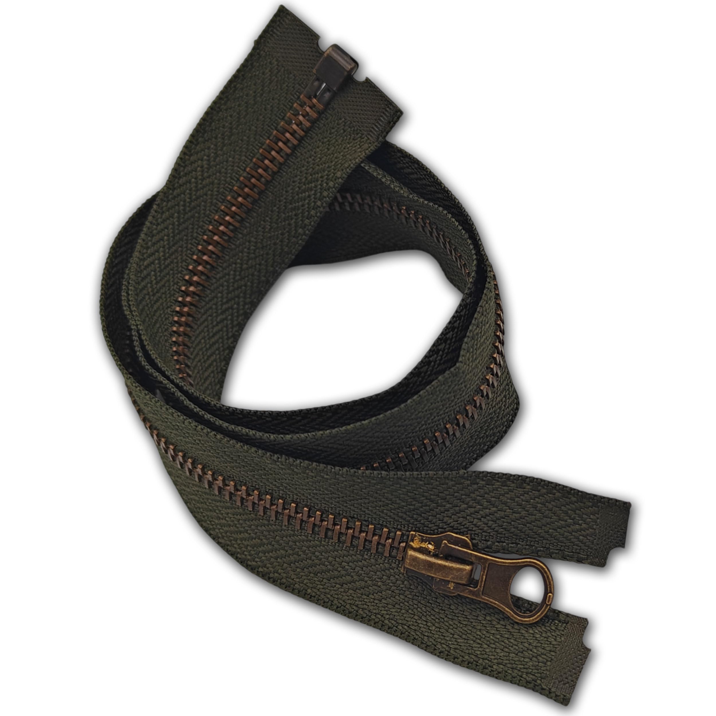 Zips & Bobs Dark Olive Green 1Pc Metal Zip 45Cm Size #5| Heavy‑Duty Open‑End Zipper 17.7” Long | Antique Brass Teeth One‑Way, Single Slider | For Jacket Repairs, Denim, Leather, Bags, Diy Sewing Projects