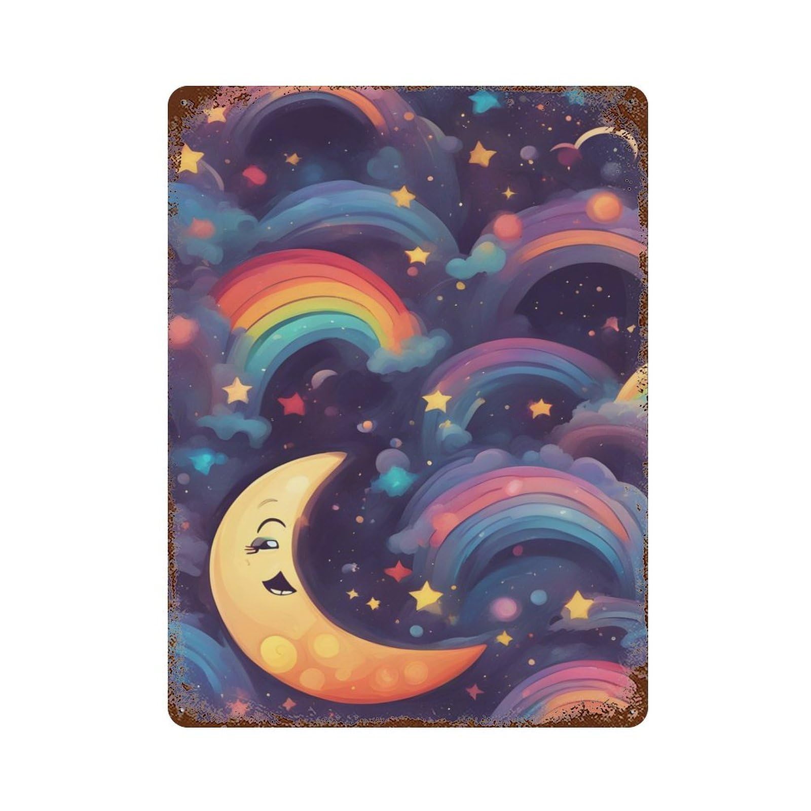 Rust Effect Tin Sign Moon And Rainbow 15.7"x11.8", Vintage Wall Decor for Basement, Hobby Room And Garage Decor