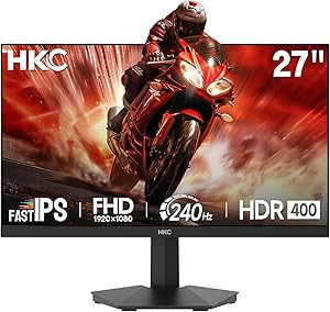 HKC 27 Inch 240Hz Gaming Monitor, FHD Screen (1920×1080) IPS Fast, 1ms MPRT, HDR400, 90% DCI-P3, Low Blue Light, 2× HDMI 2.0 & DP 1.4, VESA 100×100, Gaming PC Screen, Black