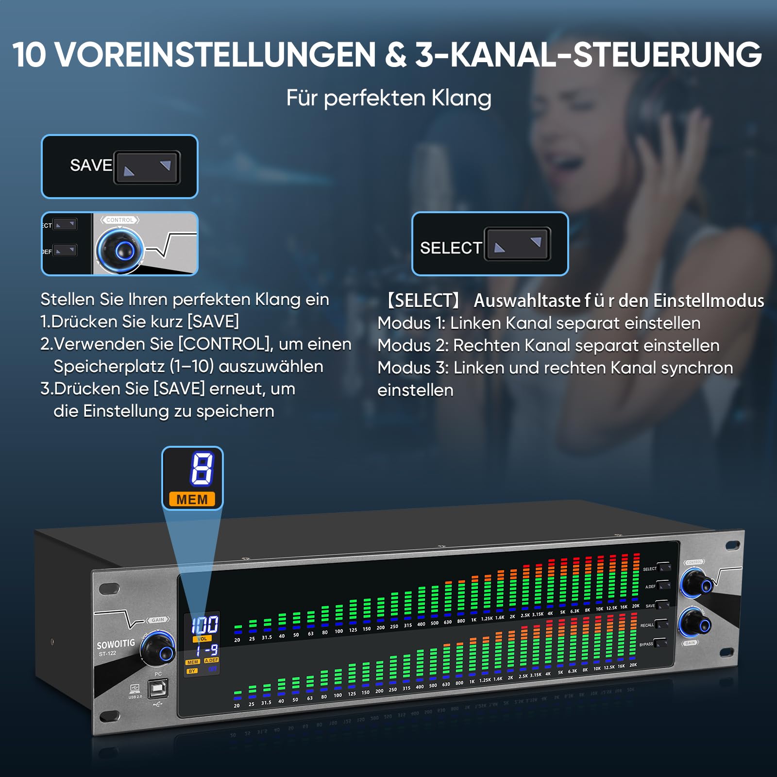 Ecualizador 2U para sistemas de audio estéreo domésticos, ecualizador gráfico profesional de 31 bandas en diseño de montaje en rack, ecualizador de estudio digital con pantalla de analizador