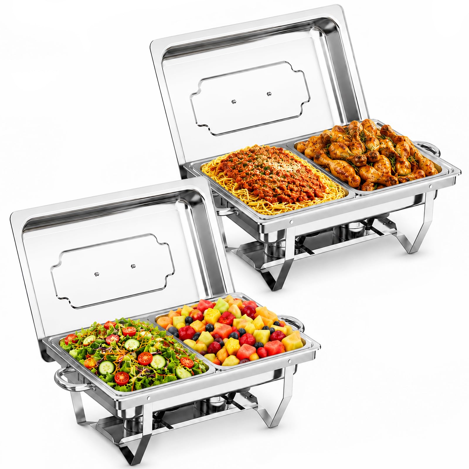 Chafing Dish Buffet Set 9L, 2pcs Edelstahl Warmhaltebehälter mit Deckel Lebensmittelpfannen und Brennstoffhaltern, Speisenwärmer für Catering, Buffet und Party Speisenwärmer