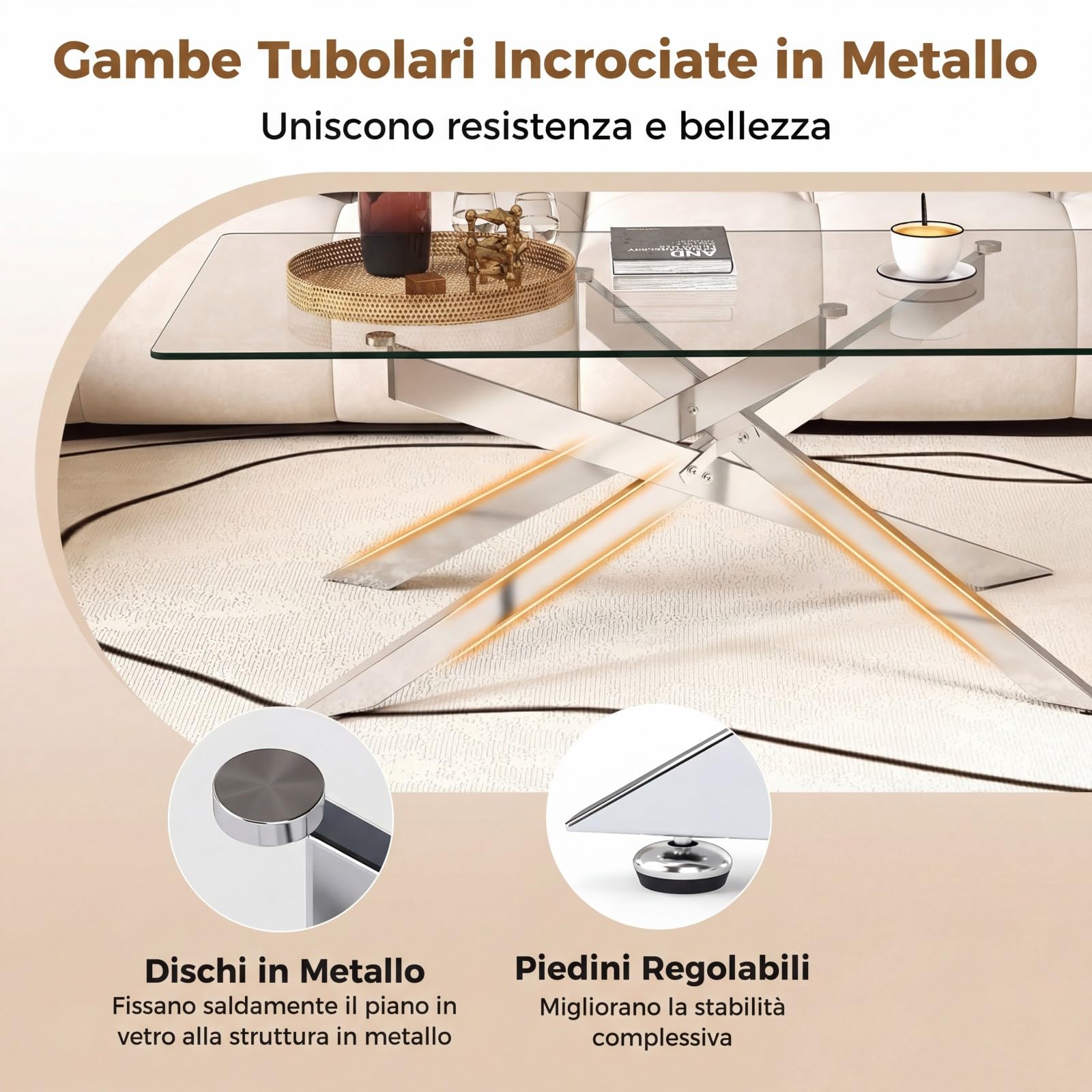 COSTWAY Tavolo da Caffè, Tavolino Salotto in Vetro Temperato con Gambe Incrociate in Metallo Placcato e Piedini Regolabili Antiscivolo, per Soggiorno e Ingresso, 120 x 60 x 45,5 cm (Argento)