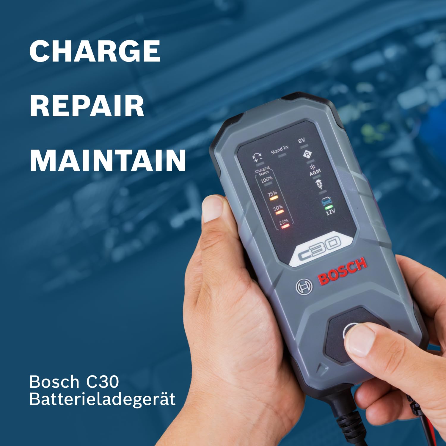 Bosch C30 Batterieladegerät, 3,8 A mit Erhaltungsfunktion, für 6 V/12 V Blei-Säure-, EFB-, Gel-, AGM- und SLI-Batterien, wird mit einem UK-Stecker geliefert