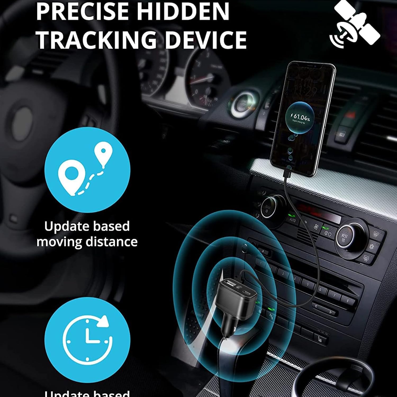 Traceur GPS 4G LTE, appareil de traceur GPS 4G caché sans ABO allume-cigare de voiture, double port de charge USB de type C, localisation en temps réel, alarme de vibration, alarme de déconnexion, etc