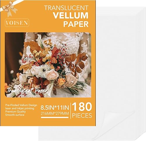 VOISEN Papel vitela translúcido, 180 hojas de papel vitela imprimible de 8.5 x 11 pulgadas, papel de vitela grueso para invitaciones, sobres,