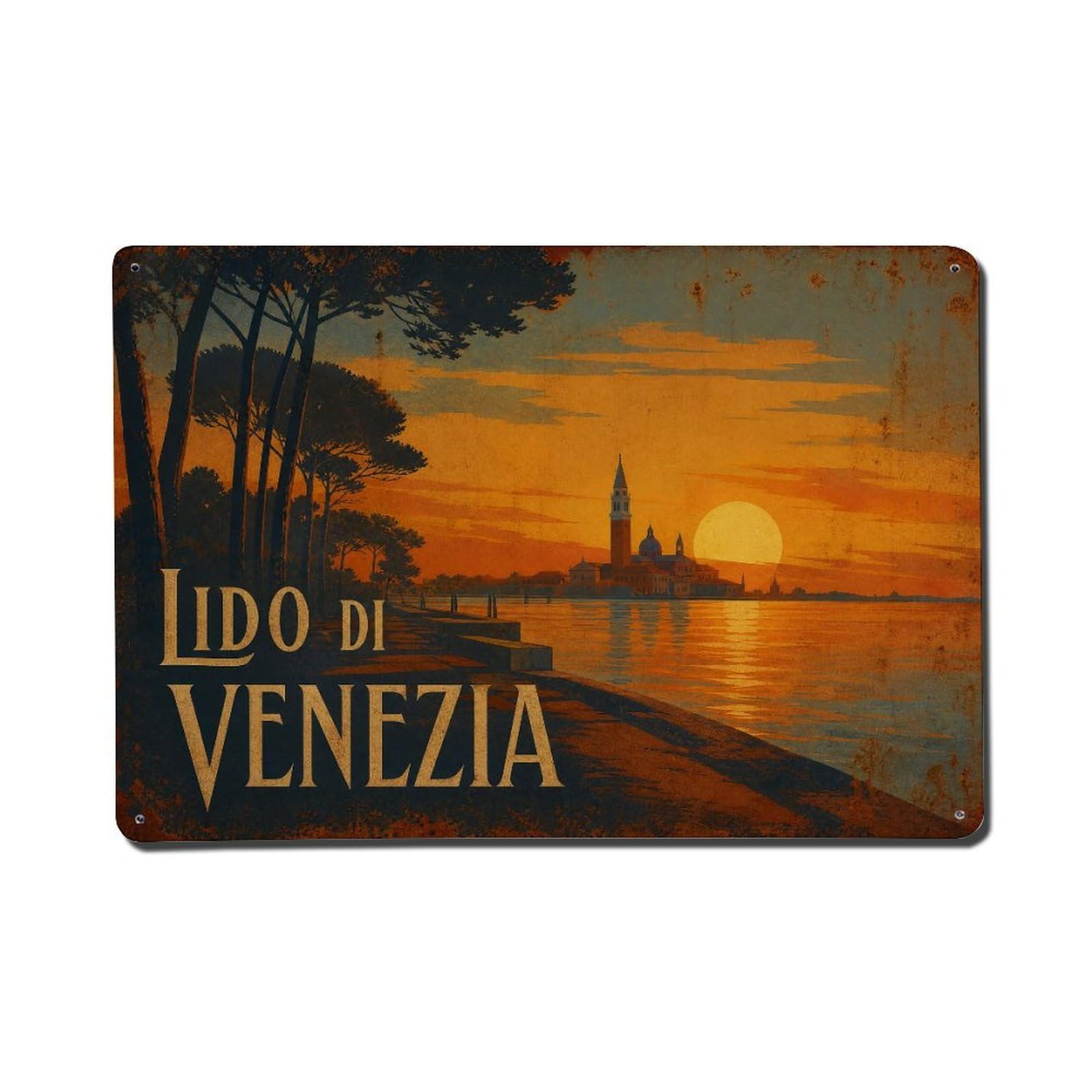Huiyhb 8X12inch(20X30cm) Vintage Travel Lido Venezia Waterfront Sunset View Italy Metal Tin Sign