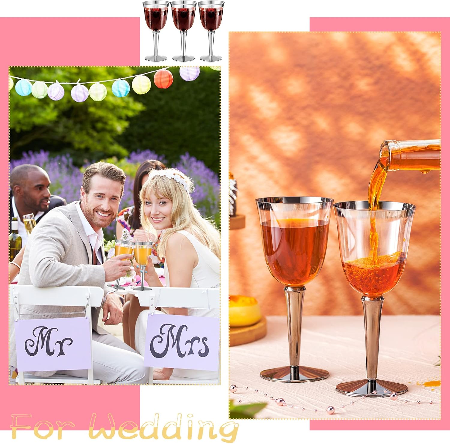 100 Pack Rimmed Disposable Plastic Wine Glasses Bulk 8 Oz Elegant Fancy Wine Cups Stemmed Wine Glasses Clear Cocktail Cups with Long Stem for Party Wedding Anniversary Birthday (Silver) - Image 5