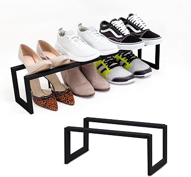 QUALIAZERO 2-Tier Expandable Shoe Rack Durable Organizer Shelf for Entryways, Bedrooms, Bathrooms, and Laundry Rooms GALAXY BLACK, 2 PACK