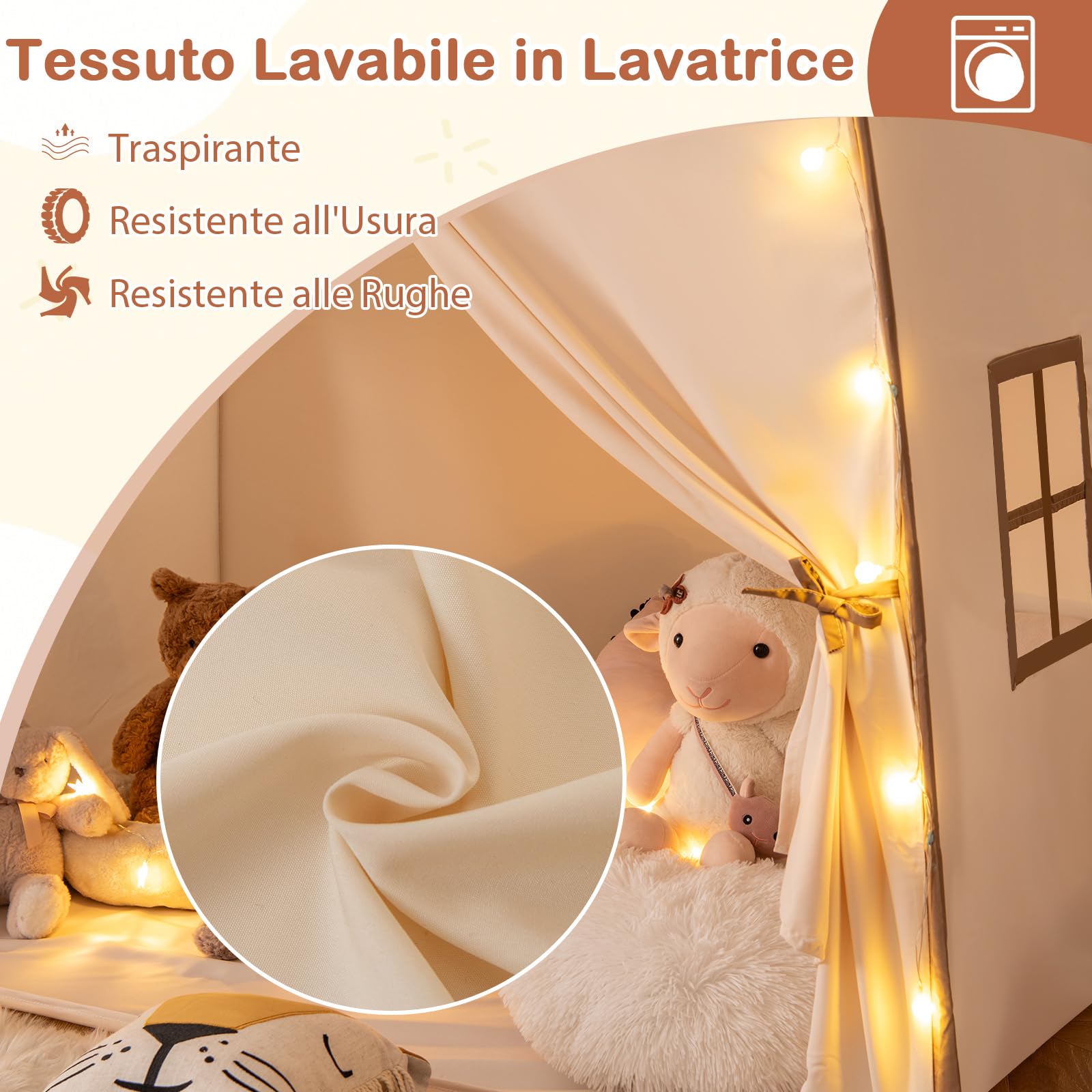 RELAX4LIFE Tenda da Gioco per Bambini fino a 3 Bambini, Tenda Multifunzionale con Luci da 4 m, Bandierine e 2 Finestre Laterali, Tenda Stabile per Giocare e Riposare, 3+Anni (MARRONE)