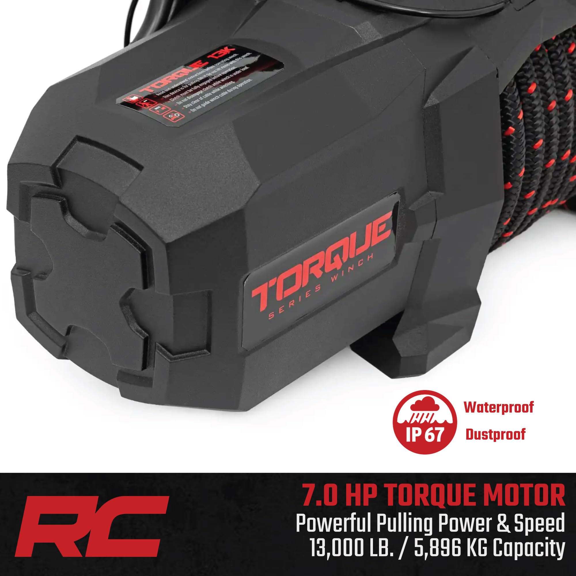 Rough Country 13,000 lb Winch with Synthetic Rope - 12V Waterproof Electric Torque Winch for Jeep Wrangler, Off Road Recovery Winch for Truck with Wireless Handheld Remote and Corded Control