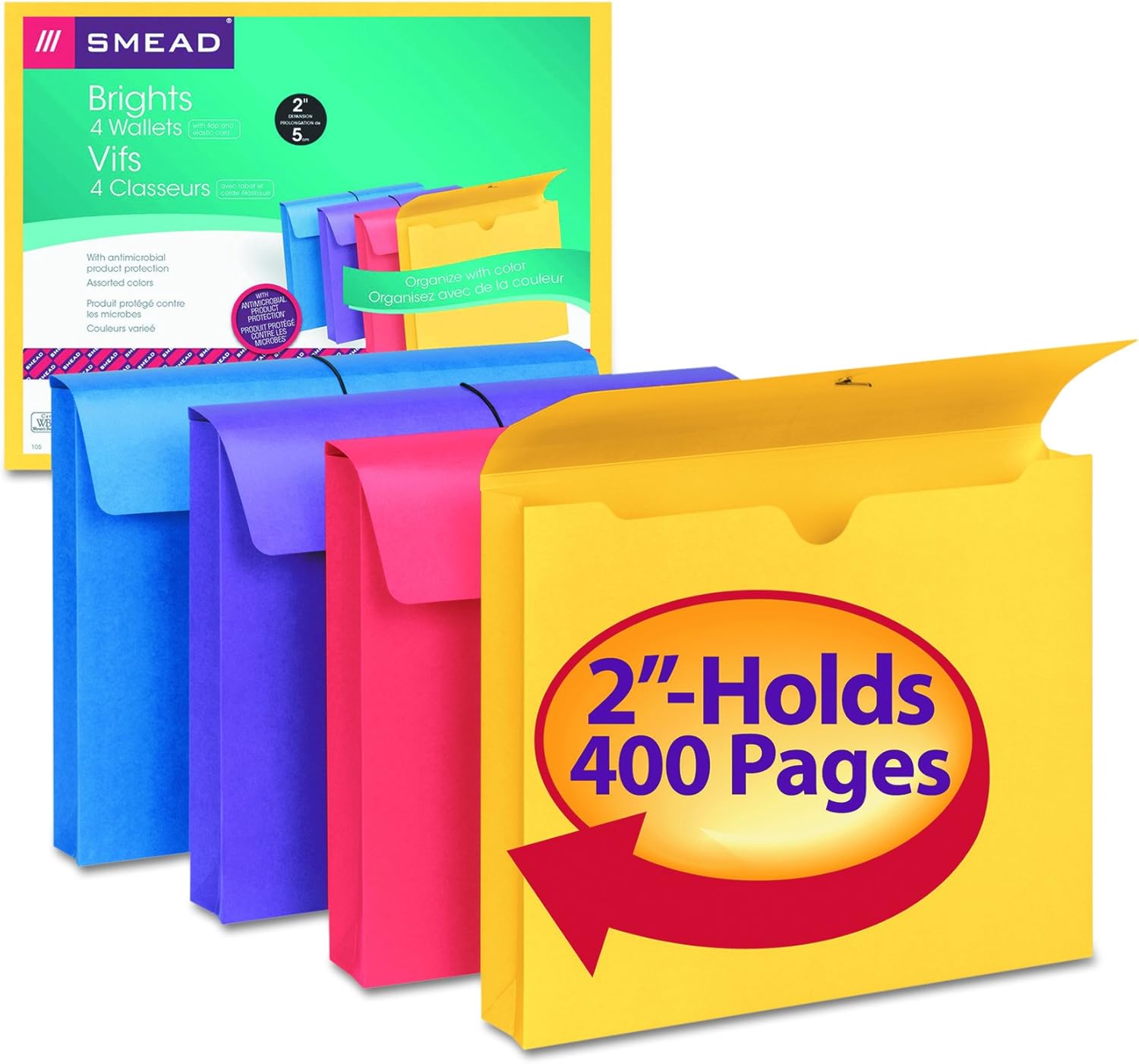 Smead Expanding File Wallet with Antimicrobial Product Protection, Closure, 2" Expansion, Closure, Letter Size, Assorted Colors, 4 per Pack (77291) : Expanding Wallets : Office Products