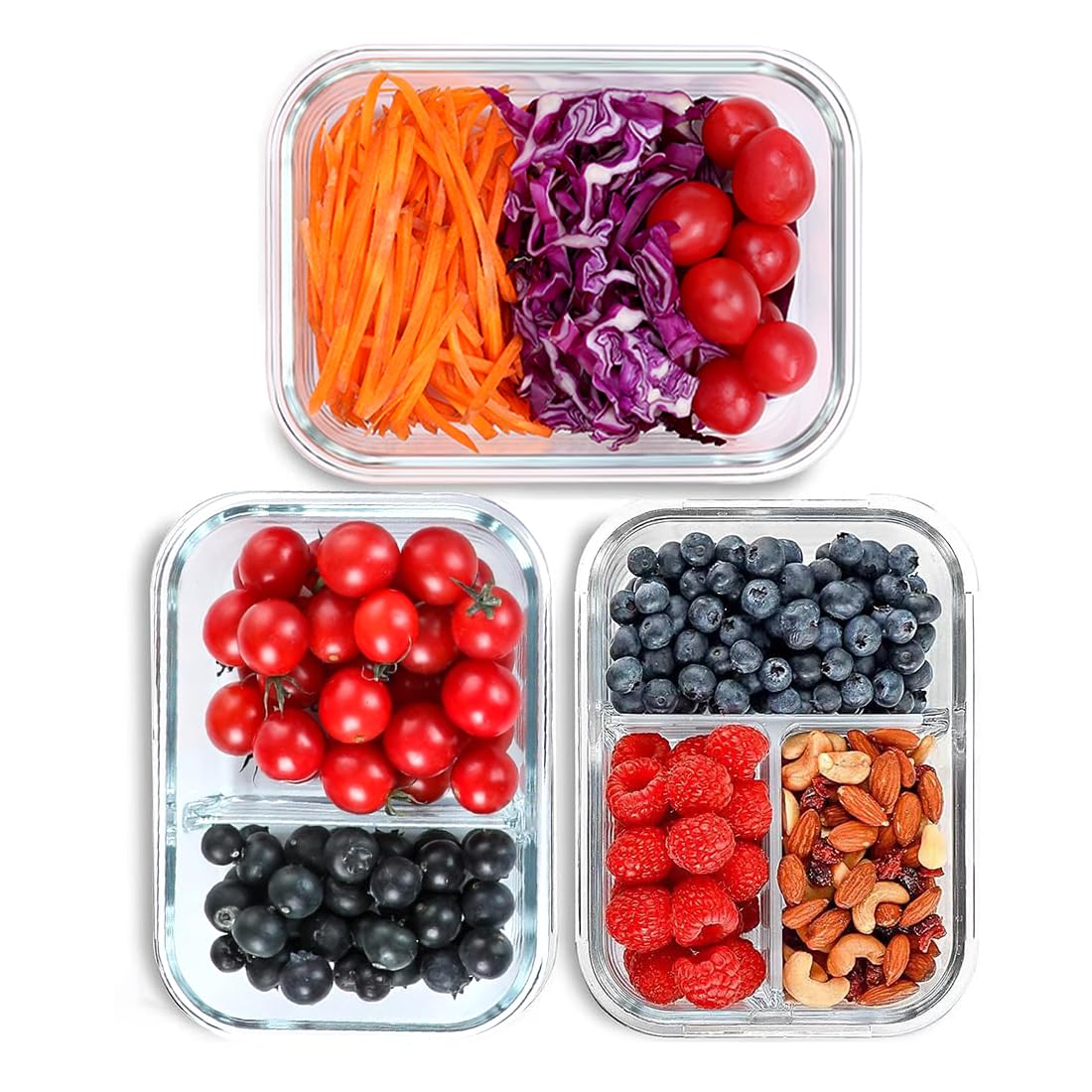 Liliume Meal Prep Boxen Glas 1&2&3 Fächer (3Stück, 1040ml) Glasbehälter mit Deckel Frischhaltedosen mit Deckel Portionskontrolle, Luftdicht, Ofen- und Gefrierschrank Sicher
