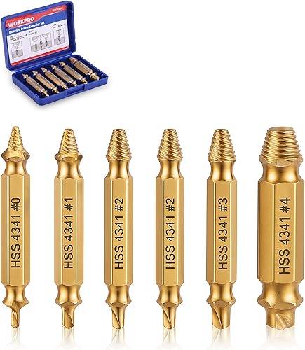 WORKPRO Juego de extractor de tornillos pelados de 6 piezas, kit de extractor de pernos rotos con revestimiento de titanio, herramientas de