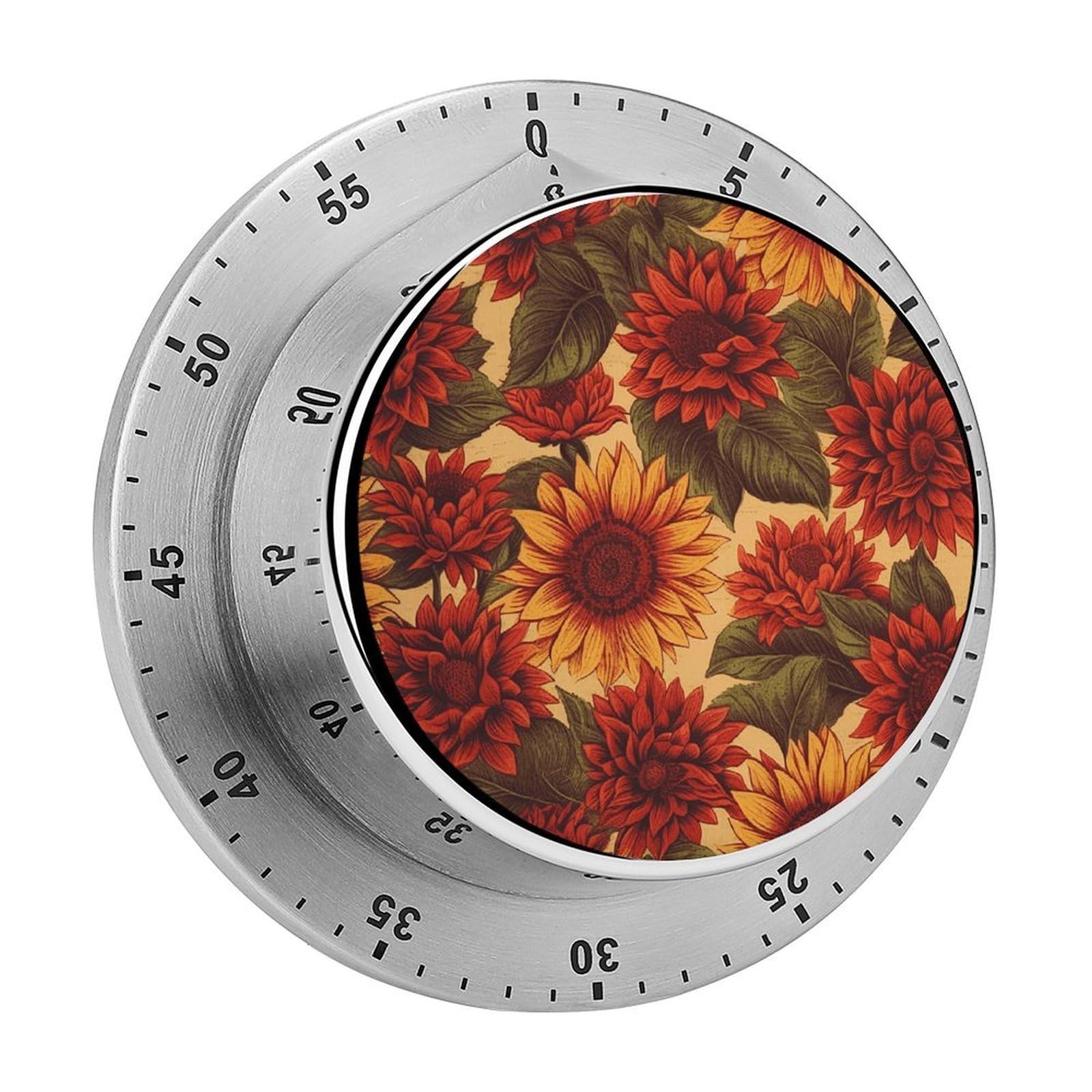 Red Sunflower Timer with Loud Alarm Precision 60 Minute Wind Up Timer Portable Manual Countdown Timers Exquisite Stainless Magnetic Kitchen Timers for Cooking Chef Clock