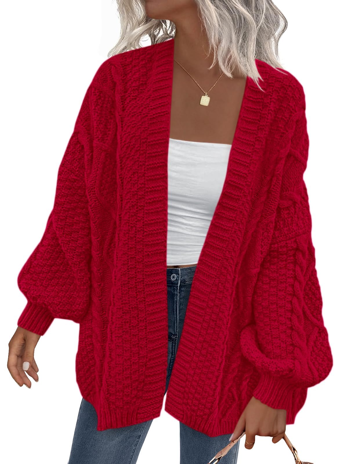 PRETTYGARDEN Womens Cable Knit Open Front Fall Sweater Lantern Long Sleeve Chunky Cardigan Sweaters Trendy Outerwear Coats