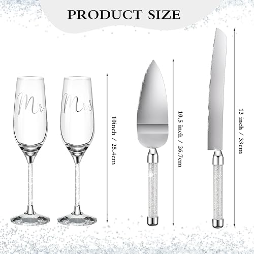 Miniatura 8 de Boao Juego de 4 flautas y servidores para tartas de boda, suministros de recepción de boda, vasos de champán, cuchillo para tartas (diamante oro