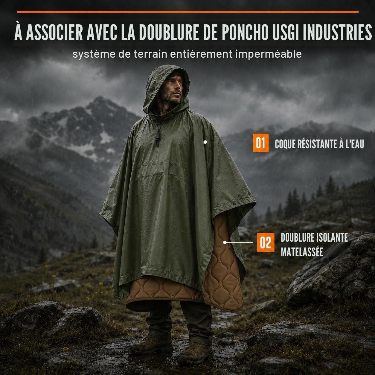 USGI Industries Poncho de style militaire – Tente d'urgence, abri, survie – Multi usage indéchirable Camouflage Poncho de pluie