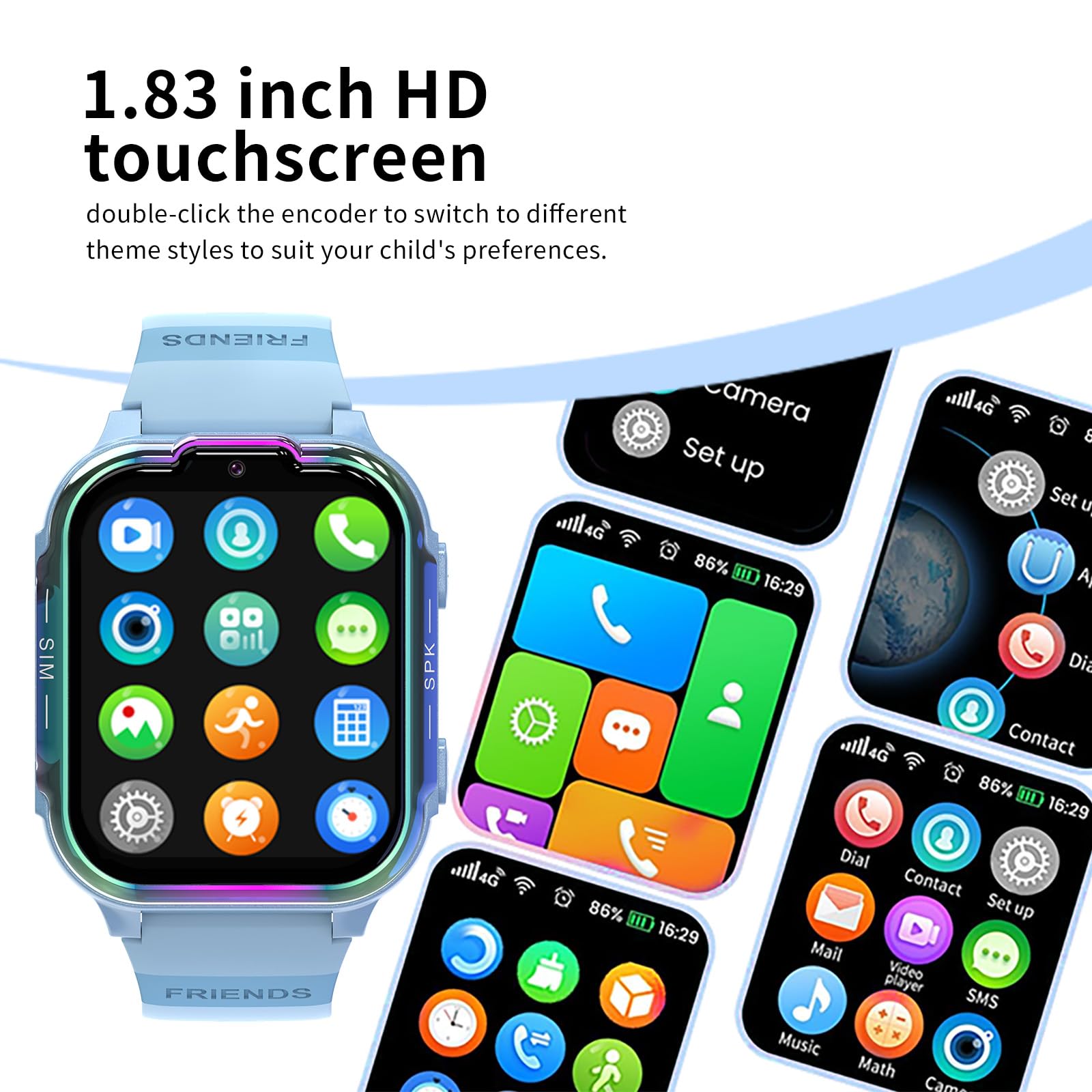 Montre Connectée Enfants 4G, Vidéo HD Appel avec Fonction Chat Familial, Écran Tactile 1,83 Pouces, SOS, GPS, Jeux, Mode Classe, Cadeau pour Filles et Garçons 4-14 Ans (Bleu)