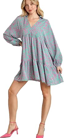 Umgee Full Size Two Tone Print Balloon Sleeve Tiered Dress Plus Size main image 1