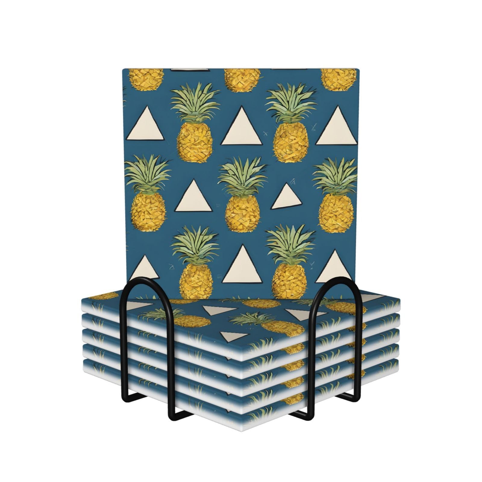 Dessous de verre en céramique lot de 6 avec support ananas doré pour table de salon