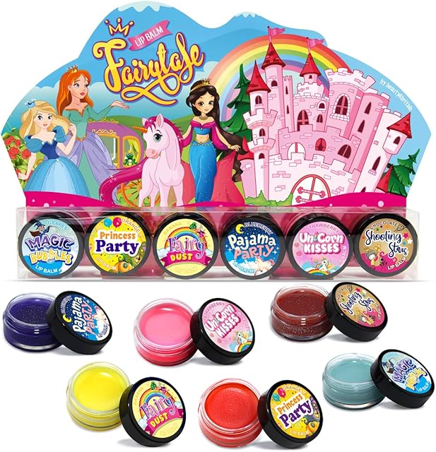 Beauty4Britain Set of 6 Kids Lip Balm with Glitter Princess Shinning Non-Colour Nourishing Fruity & Chocolate Scented Girls Lip Balm Set