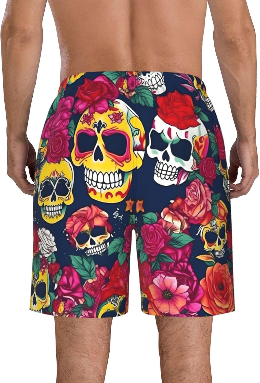Sugar and Skulls and Flowers Print Mens Casual Shorts Drawstring Summer Beach Stretch Shorts Novelty Swimtrunks