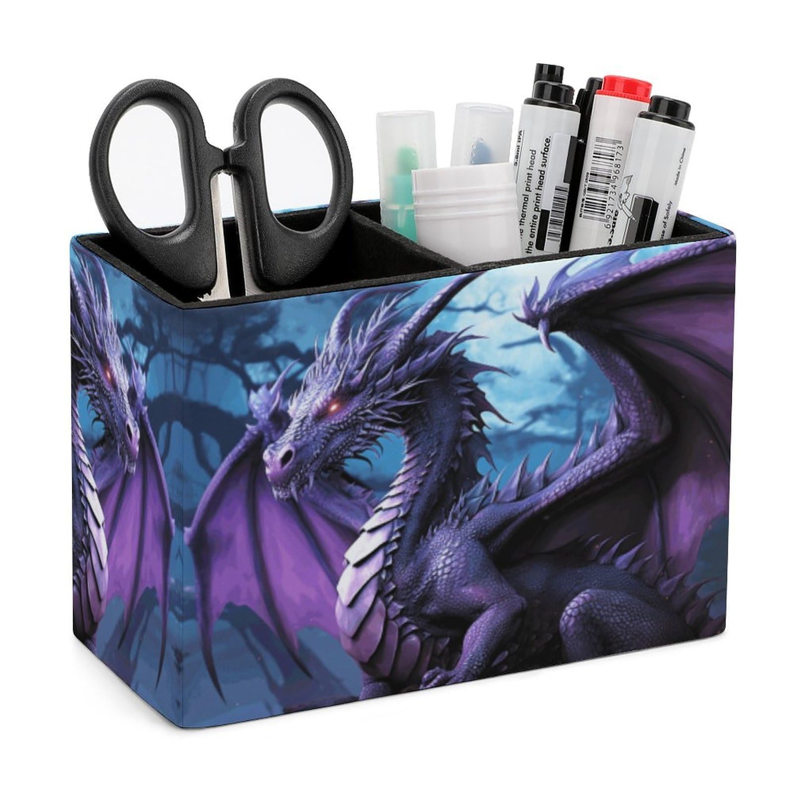 LZQPOEAS Exquisite Patterns PU Leather Pen Holder, Multifunctional Desktop Organizer Caddy with 2 Compartments, Purple Dragon Purple Moon Pencil Cup Makeup Brush Holder for Office Home