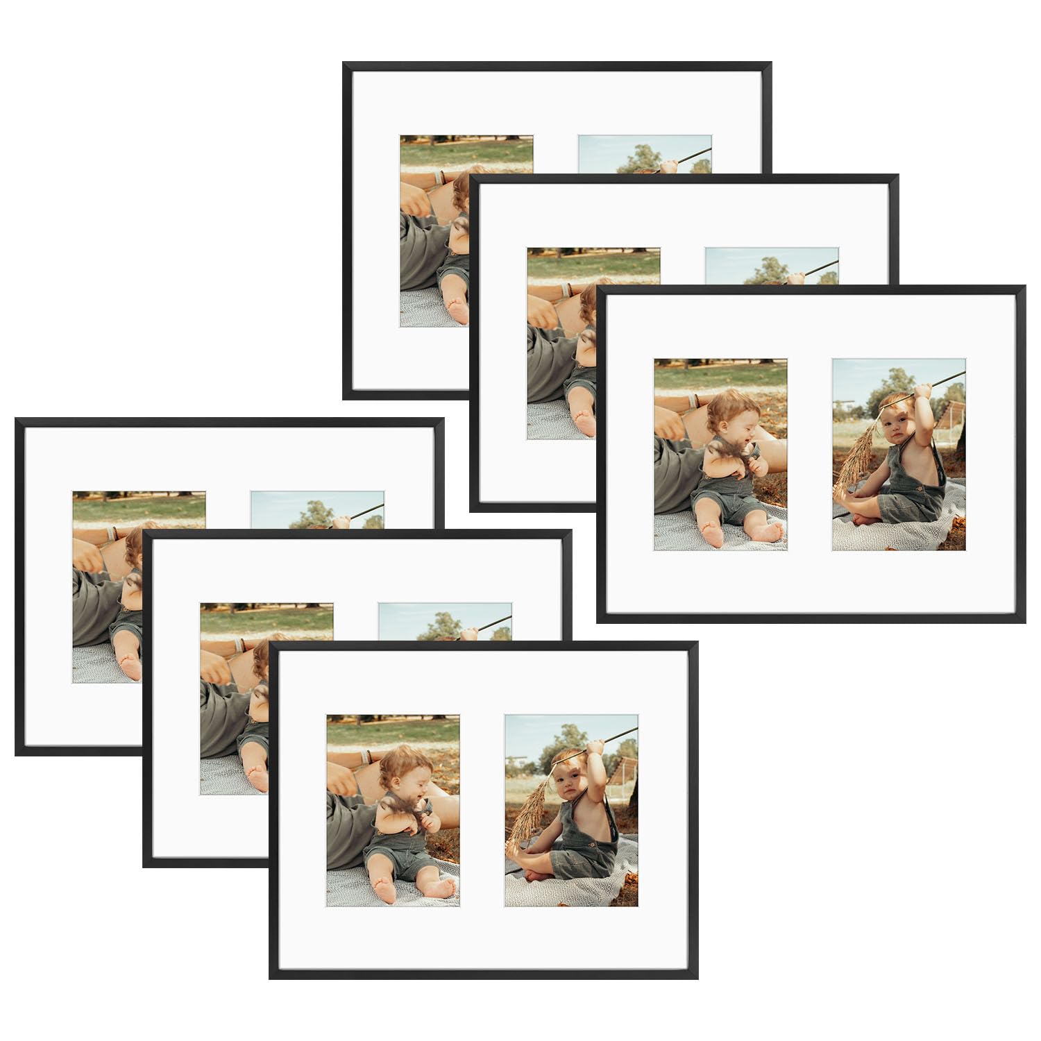 Golden State Art, 7x5 Aluminum Collage Frame, Displays 5x7 Pictures With 2 Openings Mat or One 11x14 Photo, Real Glass, Portrait/Landscape Wall Display, Black, 6 Pack