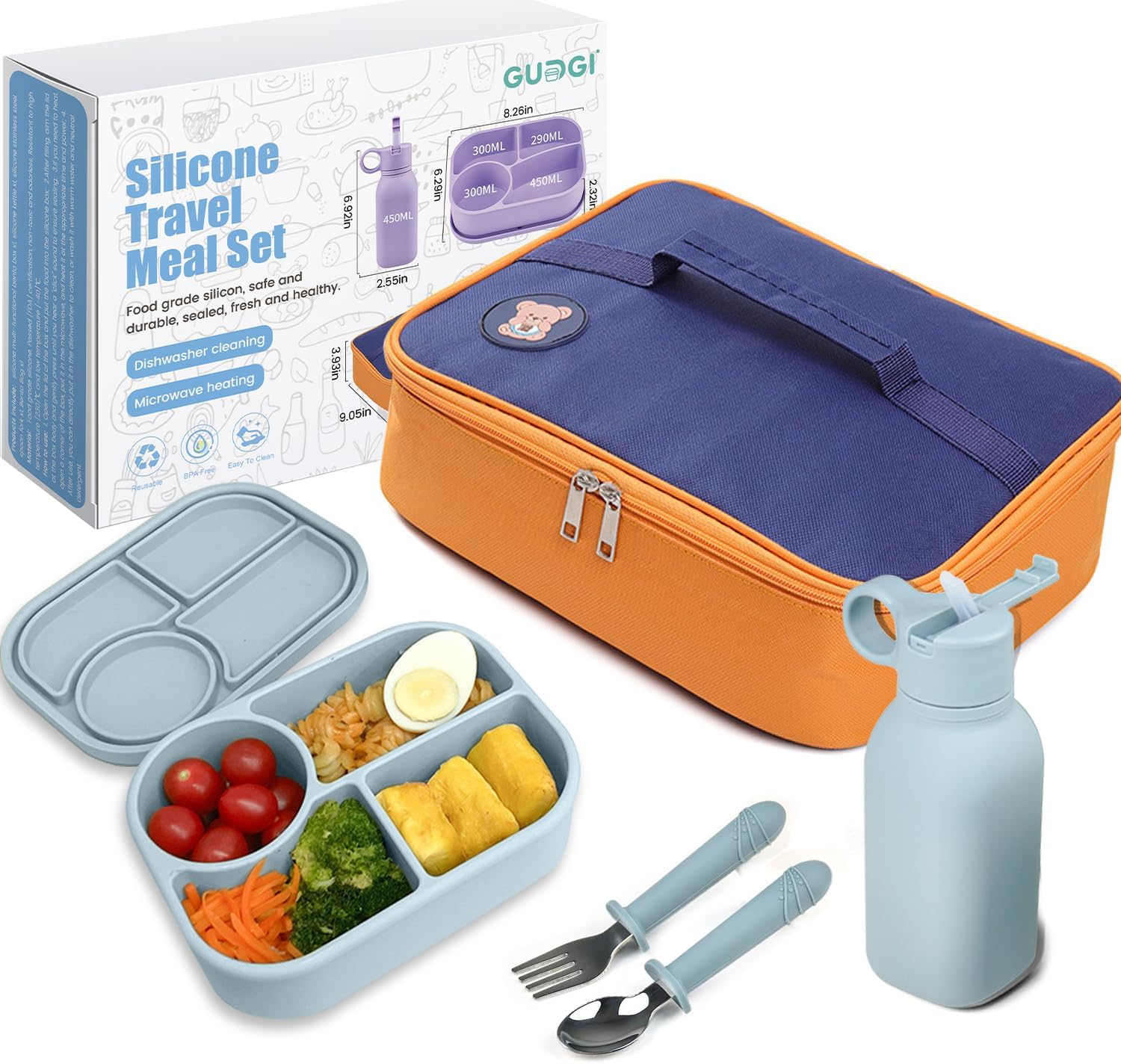 Silicone Bento Box for Kids with 15.2oz Straw Water Bottle, Divided Lunch Box, Spoon & Fork, Insulated Lunch Bag for Travel, School, Office, Picnic. (Gray blue)