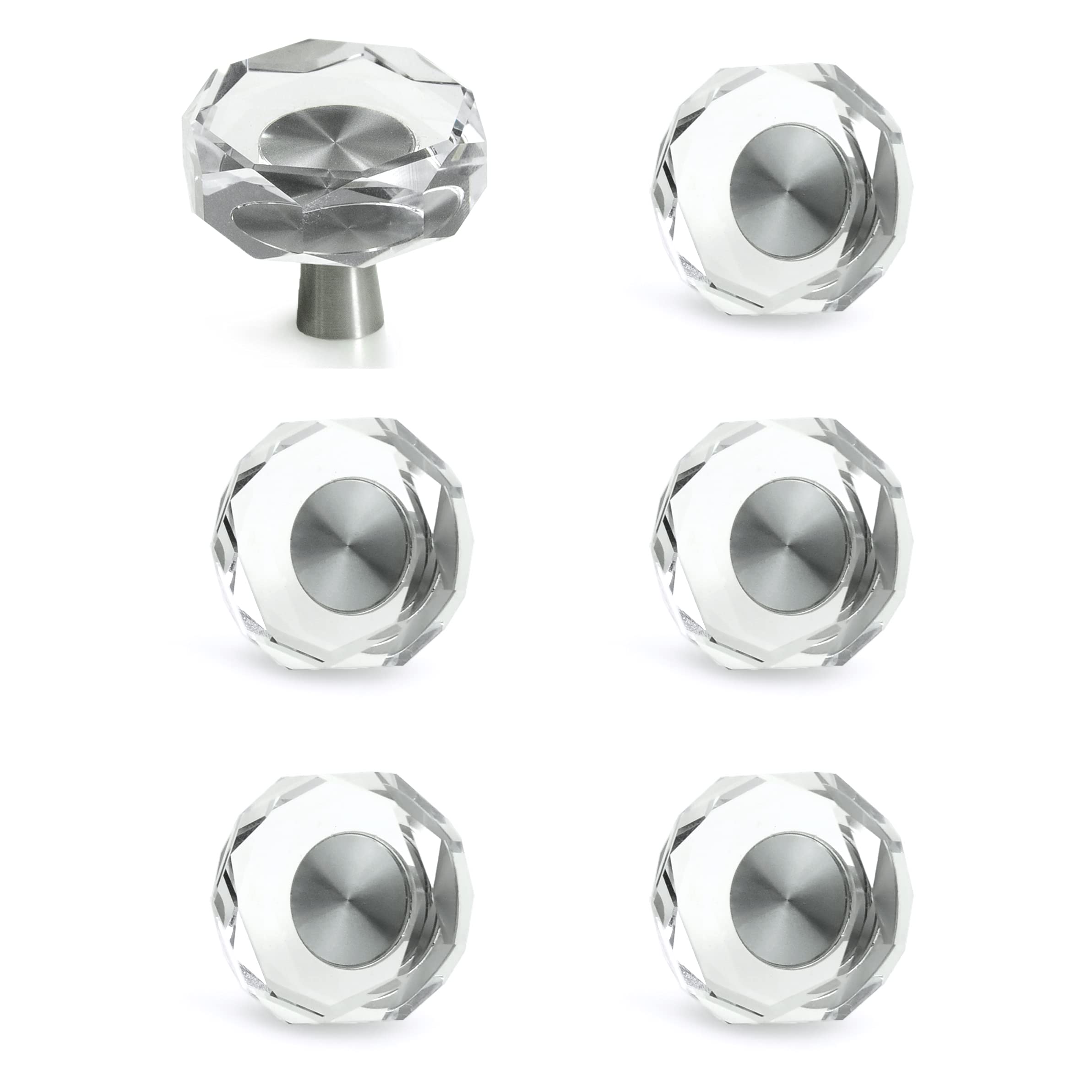 JEREVER 6 Pack Glass Crystal Knobs Brushed Nickel Drawer Pull Cabinet Handle for Dresser Kitchen (Polygon)