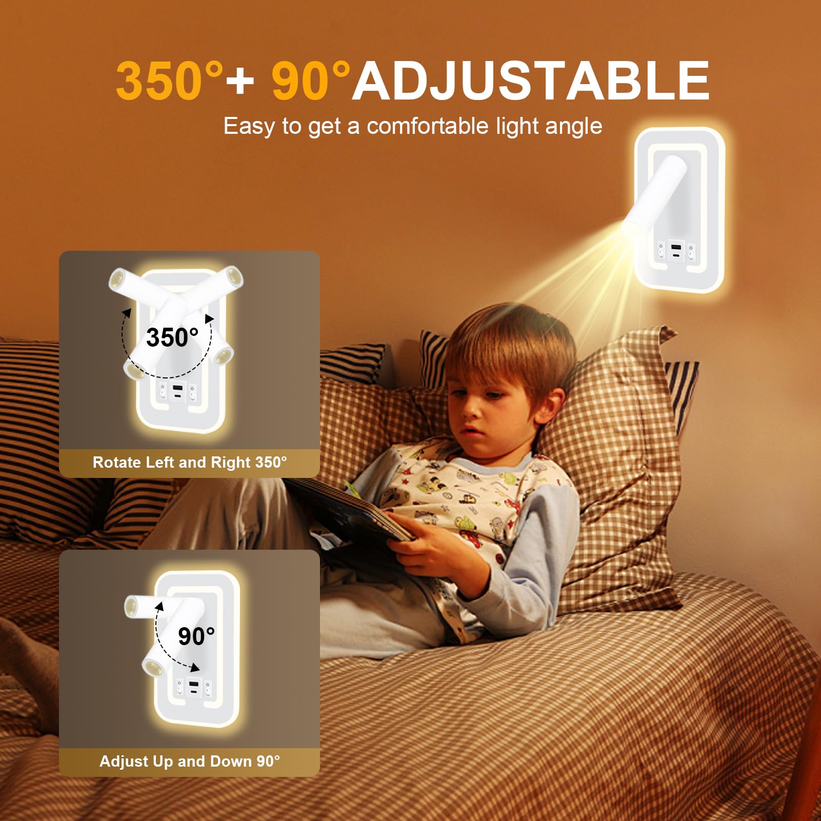 HUIZHOU Aplique de Pared LED 3W + 9W, Lámpara de Lectura con Puerto USB, Luz de Cabecero Giratoria 3000K, Flexible y Moderna para Dormitorio, Escalera y Pasillo (rectangular Blanco)