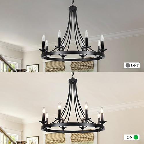 Miniatura 6 de Candelabros de 8 luces negras con rueda de carro, lámpara de granja de 28.3 pulgadas para comedor, lámpara de vela redonda industrial, iluminación