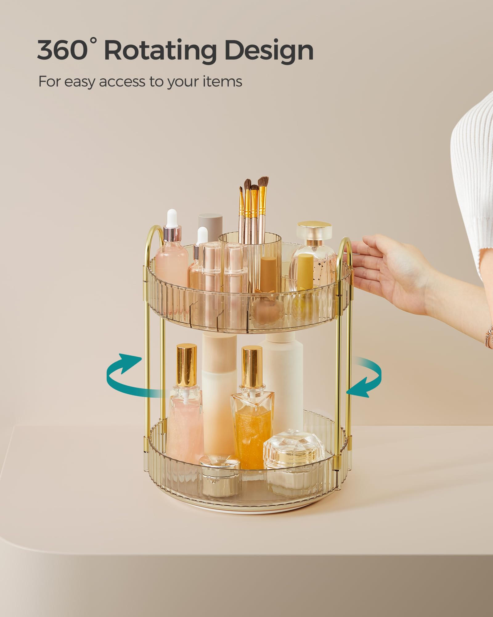 SONGMICS Makeup Organiser Rotating, 2-Tier Round Skincare Organiser, Customisable, Toiletries Cosmetics Organiser, Gift - Image 3