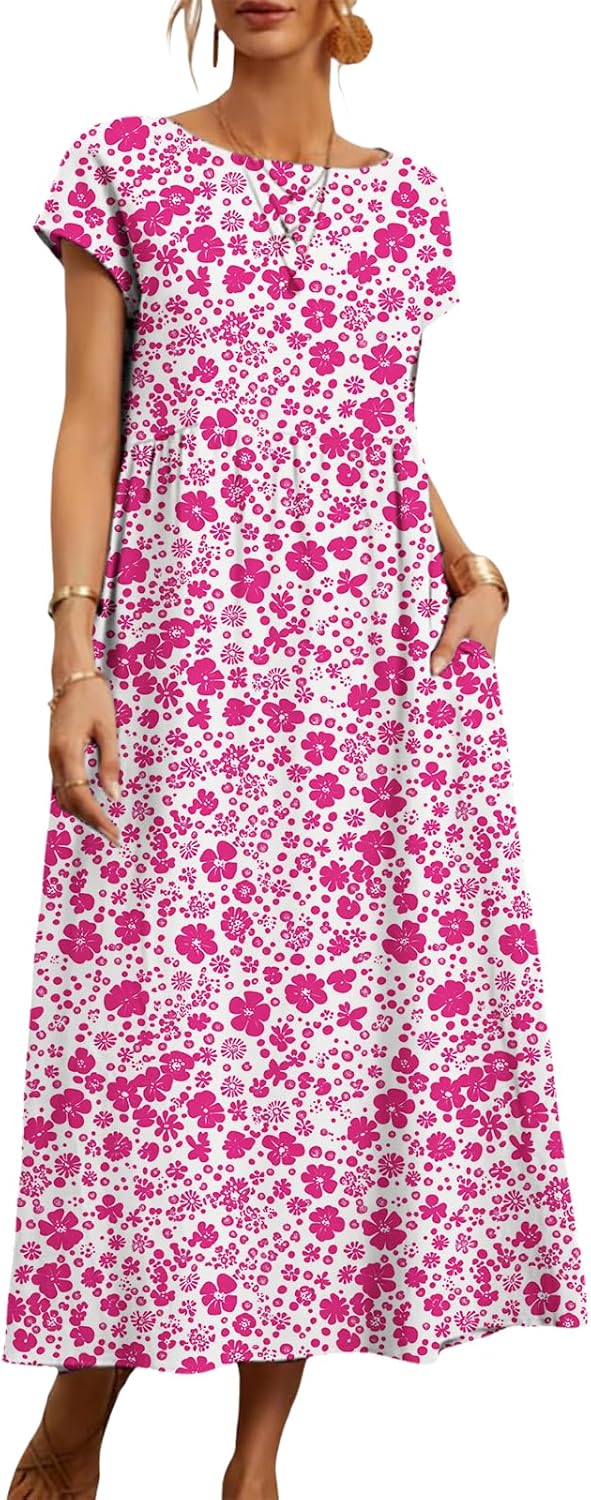 Floral Tshirt Dress for Women Ruffle Boho Dress Short Sleeve Crew Neck Maxi Dresses Loose Summer Dresses with Pockets