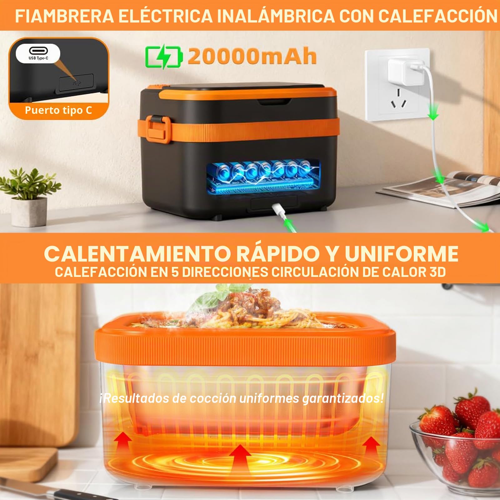 Fiambrera Eléctrica Sin Cable 1.5L，Calentamiento Automático 18000mAh Recargable con Temporizador, Pantalla LED & Bolsa Térmica para Oficina, Camión, Exterior